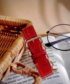 Đồng hồ HERMÈS Klikti nữ vàng gold dây da đỏ đính full đá 22x21mm (7)