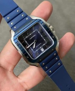 Đồng hồ Cartier Santos Rep 11 cao cấp mặt xanh blue dây cao su 40mm (2)