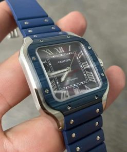 Đồng hồ Cartier Santos Rep 11 cao cấp mặt xanh blue dây cao su 40mm (2)