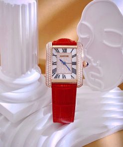 Đồng hồ Cartier Tank Anglaise nữ đính đá dây da đỏ Fake cao cấp 30mm