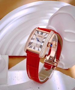 Đồng hồ Cartier Tank Anglaise nữ đính đá dây da đỏ Fake cao cấp 30mm