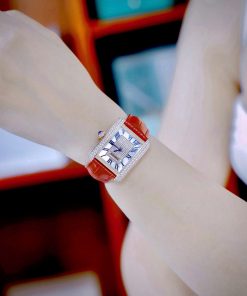Đồng hồ Cartier Tank Anglaise nữ đính đá dây da đỏ Fake cao cấp 30mm