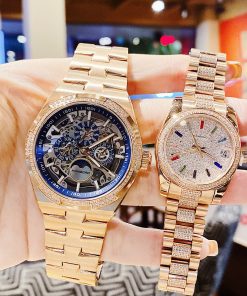 Đồng hồ Hanboro cặp nam nữ chính hãng dây kim loại đính đá 42mm-32mm