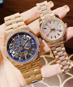 Đồng hồ Hanboro cặp nam nữ chính hãng dây kim loại đính đá 42mm-32mm