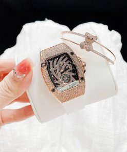 Đồng hồ Hanboro nữ chính hãng dây cao su đính đá mặt lốc xoáy 36mm