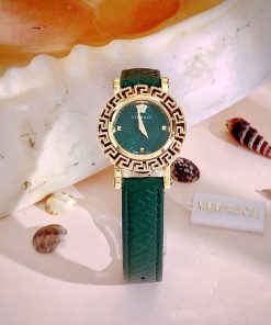 Đồng hồ Versace Glam Chic nữ dây da green niềng bông hoa Like Auth 30mm