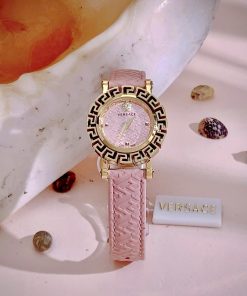 Đồng hồ Versace Glam Chic nữ dây da hồng niềng bông hoa Like Auth 30mm