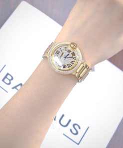 Đồng hồ Cartier Ballon Bleu nữ đính full đá dây da hồng Fake 11 36mm