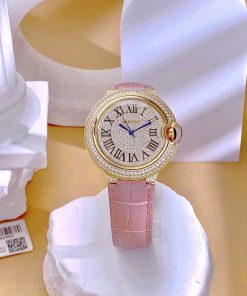 Đồng hồ Cartier Ballon Bleu nữ đính full đá dây da hồng Fake 11 36mm