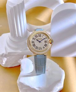 Đồng hồ Cartier Ballon Bleu nữ đính full đá dây da xanh Fake 11 36mm