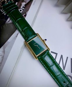 Đồng hồ Cartier Tank Louis dây da Green mặt chữ Nhật Fake Cao Cấp 24X32mm (6)