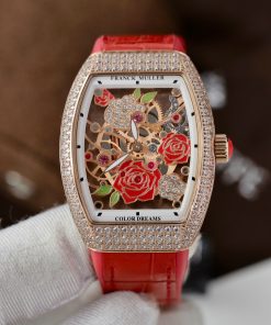 Đồng hồ Franck Muller V32 Replica 11 màu đỏ mặt hoạ tiết bông hoa 36mm (2)