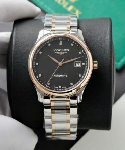 Đồng hồ Longines Fake Thụy Sỹ demi vàng hồng mặt đen 38 (1)