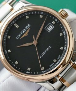 Đồng hồ Longines Fake Thụy Sỹ demi vàng hồng mặt đen 38 (1)