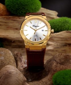 Đồng hồ Salvatore Ferragamo F80 Classic nam dây da nâu mặt trắng Fake 11 40mm