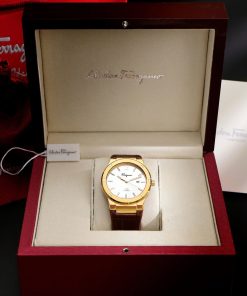 Đồng hồ Salvatore Ferragamo F80 Classic nam dây da nâu mặt trắng Fake 11 40mm