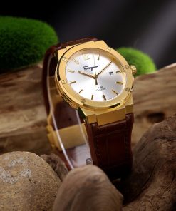 Đồng hồ Salvatore Ferragamo F80 Classic nam dây da nâu mặt trắng Fake 11 40mm