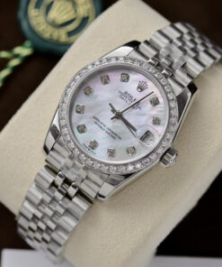 Đồng Hồ Rolex DateJust Replica 11 Nữ Mặt Khảm Trai Đính Đá Dây Thép 31mm (4)