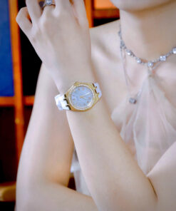 Đồng hồ Guess Octagonal Ladies dây cao su trắng đính đá fake cao cấp 36mm