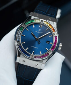 Đồng hồ Hublot Classic Fusion Rep 11 đính đá ruby 7 màu mặt xanh blue xưởng JJF 42mm (2)
