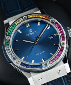 Đồng hồ Hublot Classic Fusion Rep 11 đính đá ruby 7 màu mặt xanh blue xưởng JJF 42mm (2)