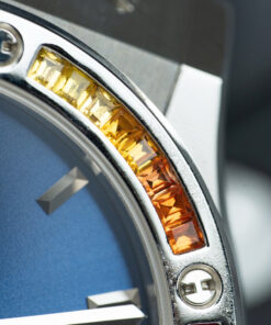 Đồng hồ Hublot Classic Fusion Rep 11 đính đá ruby 7 màu mặt xanh blue xưởng JJF 42mm (2)