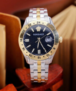 Đồng hồ Versace Greca Time GMT demi vàng mặt đen fake cao cấp 41mm