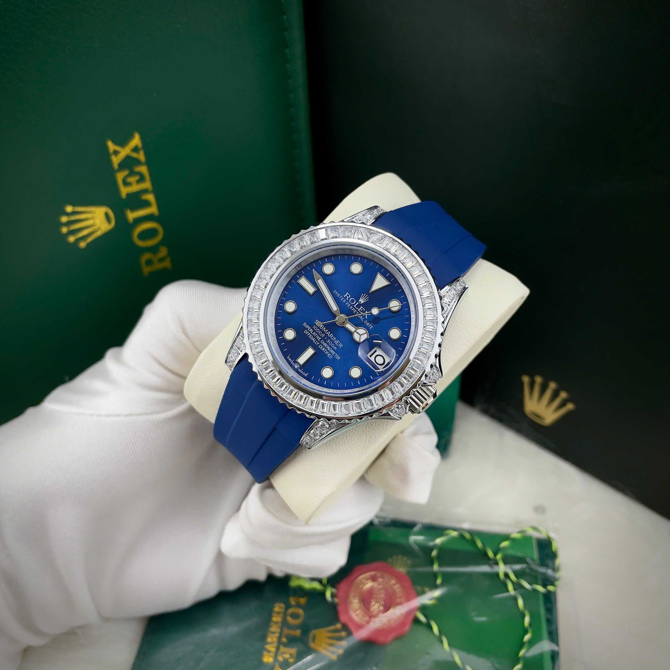 Đồng hồ Rolex Submariner nam niềng đá dây cao su xanh blue Fake cao cấp 40mm (3) Đồng hồ Rolex Submariner nam niềng đá dây cao su xanh blue Fake cao cấp 40mm