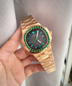 Đồng hồ Patek Philippe nam king gold viền đá xanh fake cao cấp 40mm