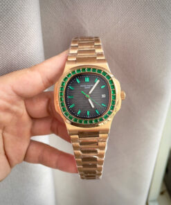 Đồng hồ Patek Philippe nam king gold viền đá xanh fake cao cấp 40mm