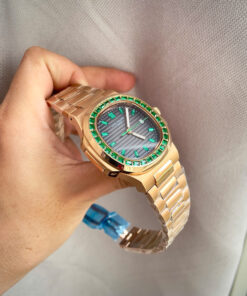 Đồng hồ Patek Philippe nam king gold viền đá xanh fake cao cấp 40mm