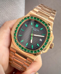 Đồng hồ Patek Philippe nam king gold viền đá xanh fake cao cấp 40mm