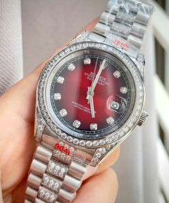 Đồng hồ Rolex Datejust đính full đá mặt đỏ mận máy cơ nhật giá rẻ fake 11 38-41mm