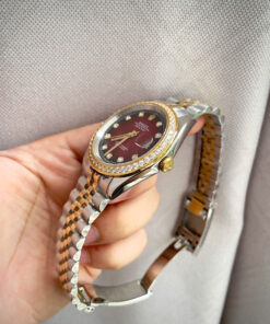 Đồng hồ Rolex Datejust nam demi mặt đỏ đính đá máy cơ nhật rẻ fake 11 38-41mm