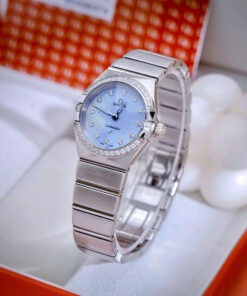 Đồng hồ Omega Constellation nữ mặt xanh blue đính đá fake cao cấp 28mm