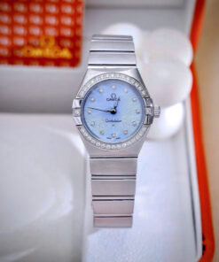 Đồng hồ Omega Constellation nữ mặt xanh blue đính đá fake cao cấp 28mm