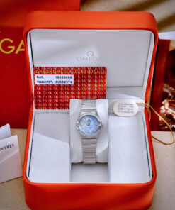Đồng hồ Omega Constellation nữ mặt xanh blue đính đá fake cao cấp 28mm
