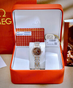Đồng hồ Omega De Ville Prestige nữ mặt nâu chocolate đính đá fake cao cấp 28mm