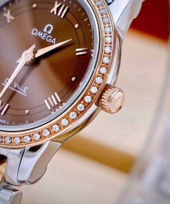 Đồng hồ Omega De Ville Prestige nữ mặt nâu chocolate đính đá fake cao cấp 28mm