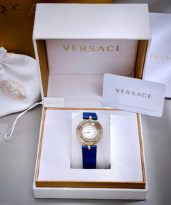 Đồng hồ Versace Eon nữ vàng gold dây da xanh blue like auth 33mm