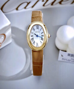 Đồng hồ Cartier Baignoire nữ WGBA0022 vàng gold dây da nâu fake cao cấp 23x31mm
