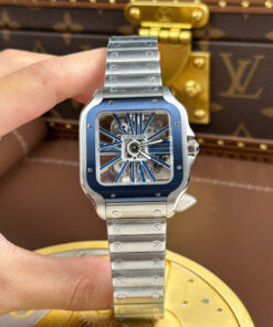 Đồng hồ Cartier Santos Replica 11 nam mặt lộ cơ viền xanh dương nhà máy MLF 39 (2)