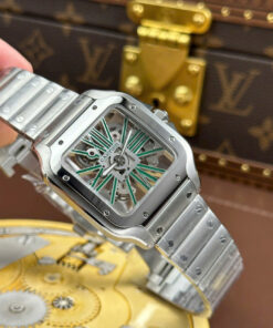 Đồng hồ Cartier Santos nam chế tác mặt lộ cơ cọc số màu xanh lá cây nhà máy MLF 39 (7)