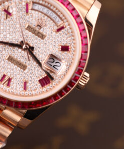 Đồng hồ Rolex Day-Date Rep 11 bọc vàng 18K đính ruby tổng hợp + kim cương moissanite GMF 40mm (2)