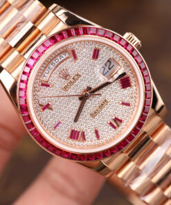 Đồng hồ Rolex Day-Date Rep 11 bọc vàng 18K đính ruby tổng hợp + kim cương moissanite GMF 40mm (2)