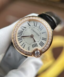Đồng hồ Cartier Ballon Blanc Rep 11 nữ mạ vàng hồng viền đính đá xưởng AF 30mm (2)