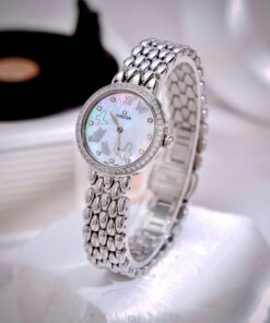 Đồng hồ Omega De Ville nữ dây kim loại mặt xà cừ đính đá like auth 28mm