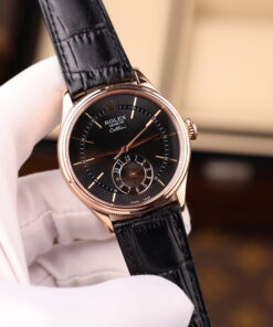 Đồng hồ Rolex Cellini Dual Time 50525 Replica 11 mặt đen vỏ phủ vàng thật 18K 39mm (2)