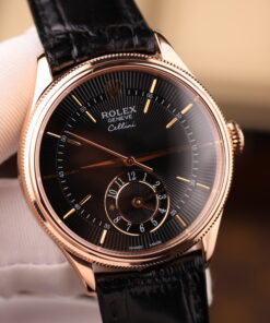 Đồng hồ Rolex Cellini Dual Time 50525 Replica 11 mặt đen vỏ phủ vàng thật 18K 39mm (2)