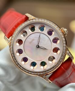 Đồng hồ nữ Fendi Crazy Carats Replica 11 mặt khảm xà cừ hồng dây da 36mm (2)
